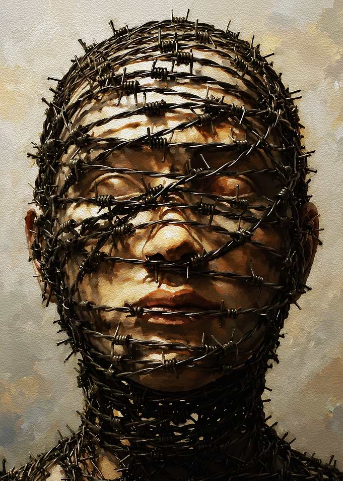 Human Face Wrapped in Barbed Wire