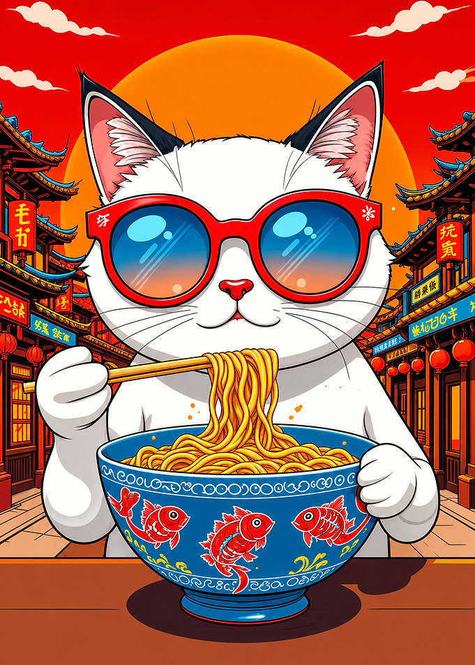 Cool Cat Eating Ramen Illustration