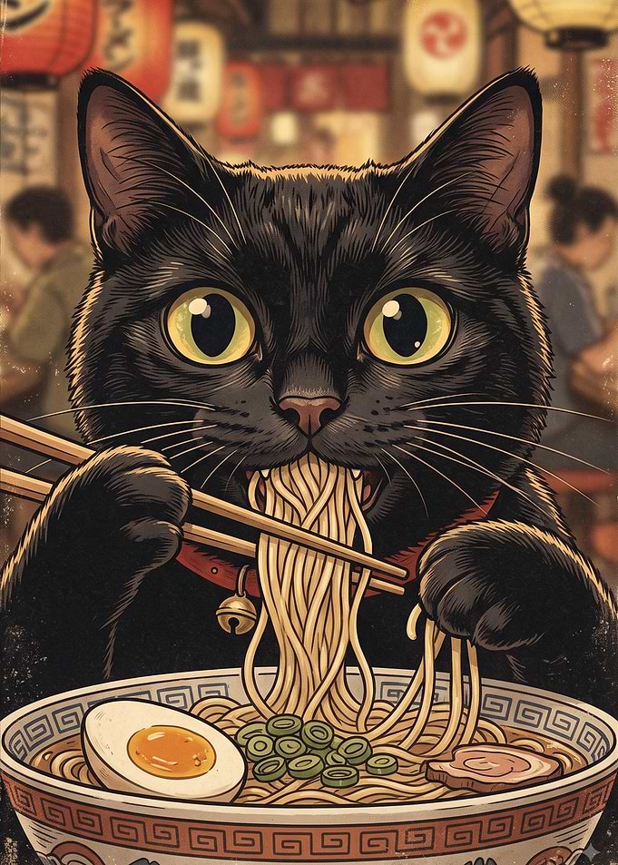 Black Cat Eating Ramen Noodles