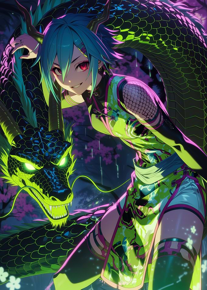 Anime Girl with Neon Dragon