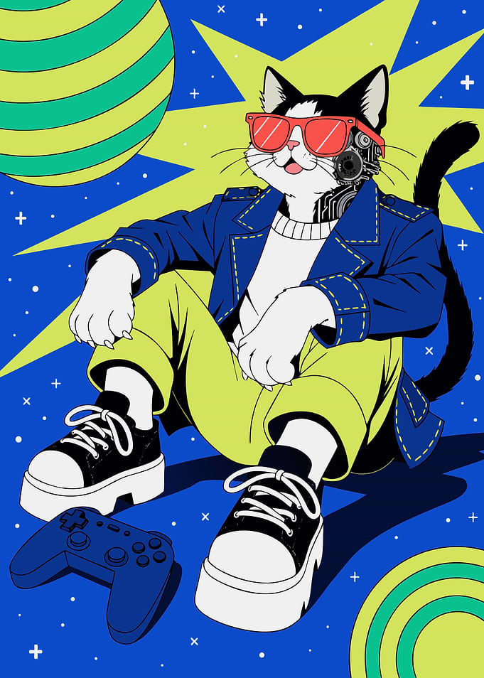 Cyberpunk Gaming Cat Illustration