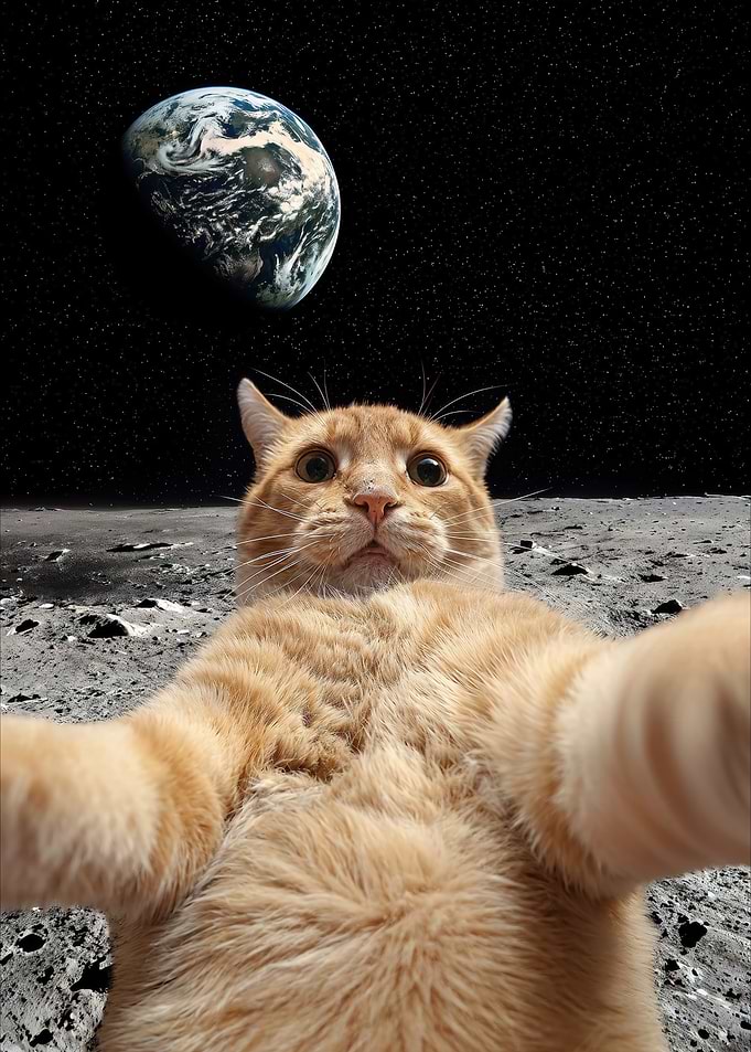 Ginger Cat Taking Selfie on Moon