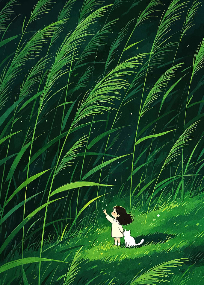Girl and Cat in Tall Grass