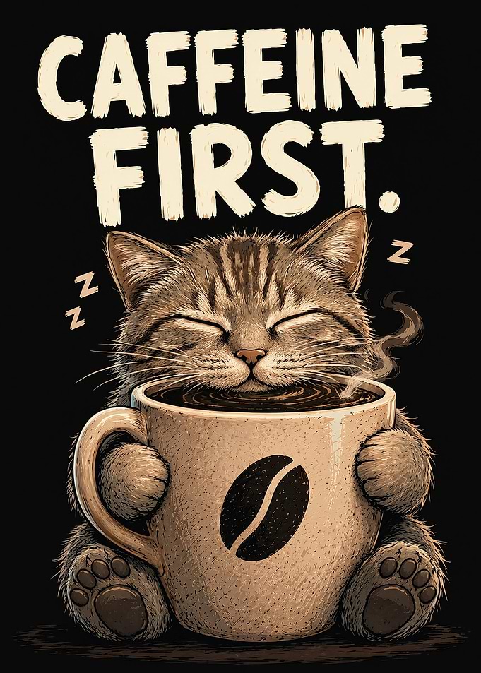 Sleepy Cat Coffee Art Funny Caffeine First Mug Print