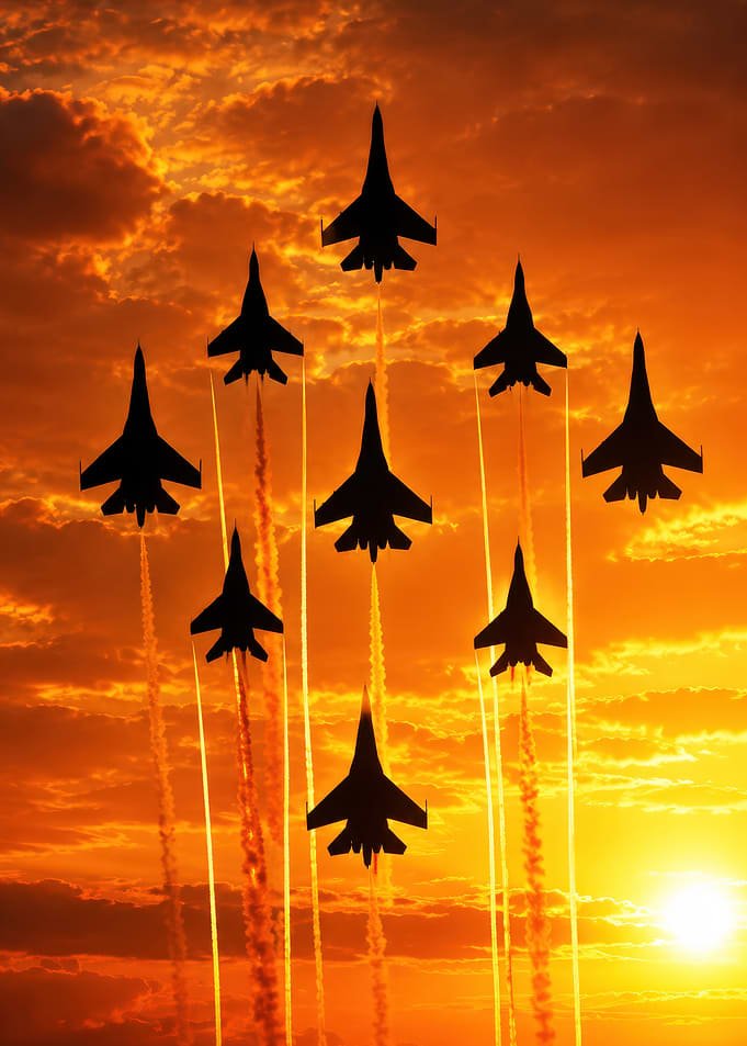 Formation of Fighter Jets at Sunset