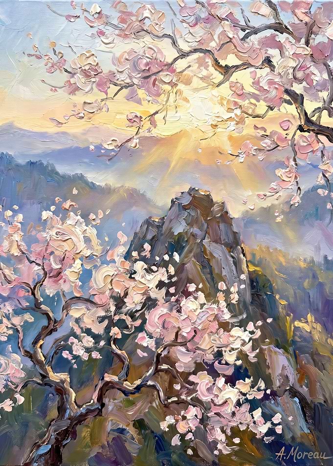 Cherry Blossoms Over Mountain Peak