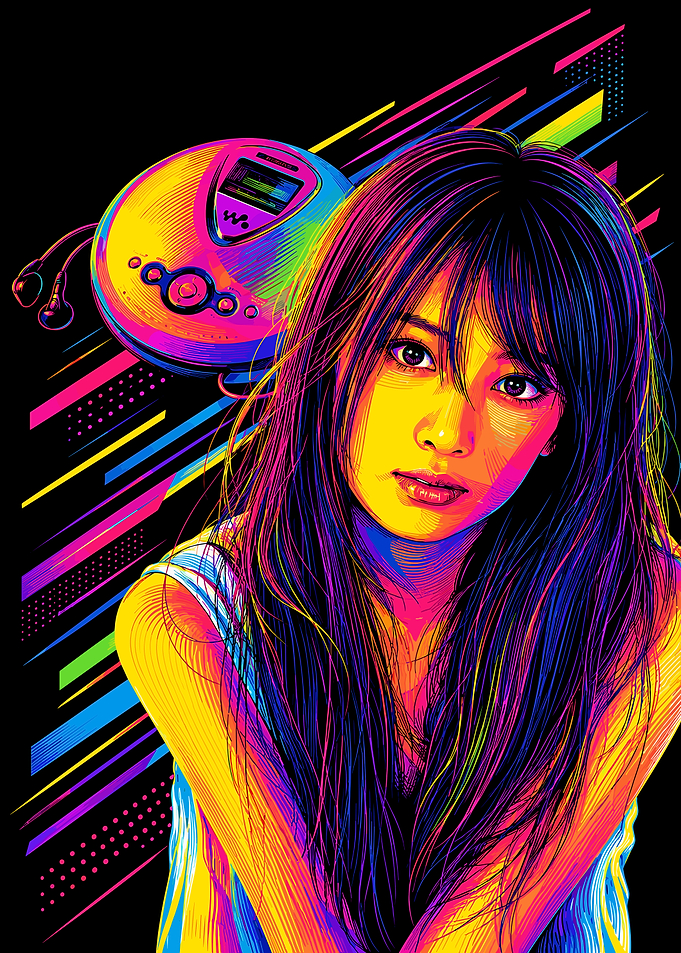 Neon Retro Portrait with Walkman