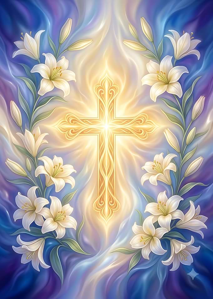 Radiant Golden Cross with White Lilies