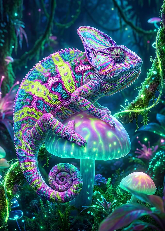 Neon Psychedelic Chameleon on Glowing Mushroom