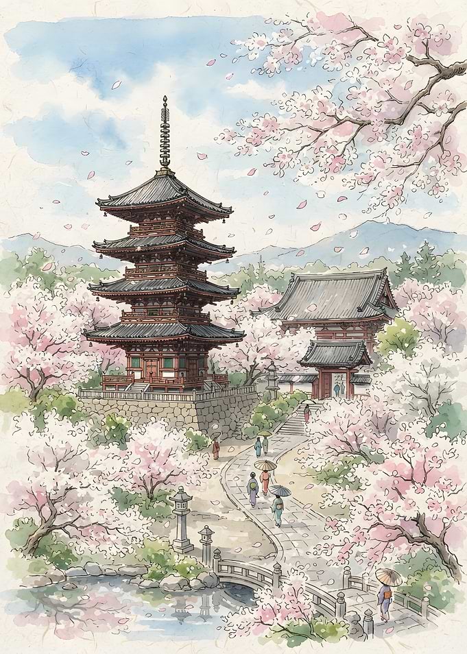 Traditional Japanese Temple in Cherry Blossoms