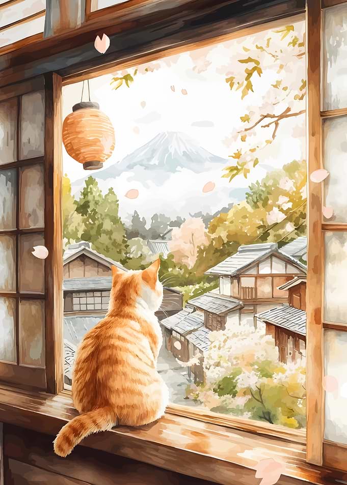 Ginger Cat Watching Mount Fuji