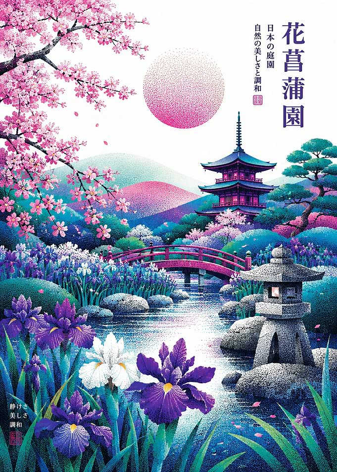 Japanese Iris Garden with Pagoda