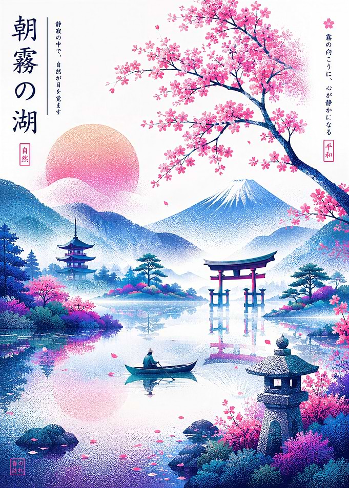 Serene Cherry Blossom Japanese Lake Landscape Poster