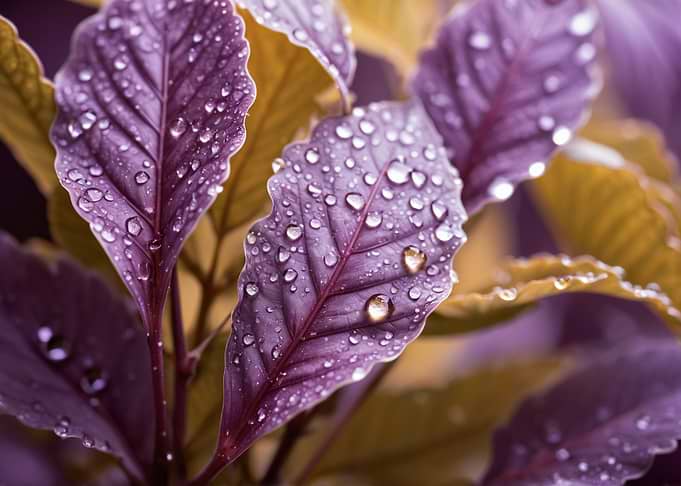 Dew-Covered Purple and Gold Leaves
