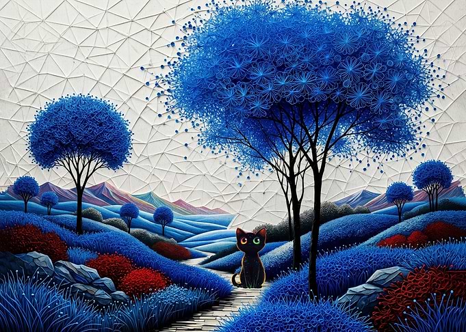 Black Cat in Blue Fantasy Landscape