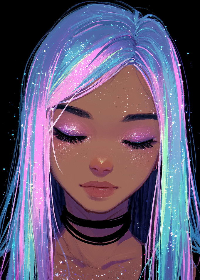 Ethereal Girl with Neon Galaxy Hair