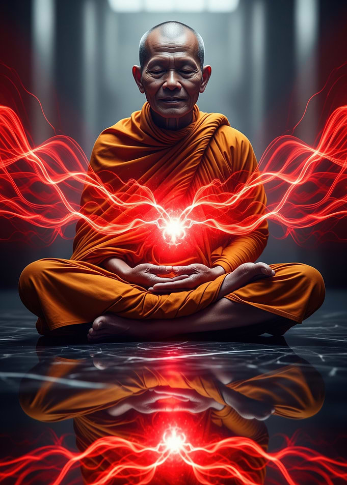 Meditating Monk with Red Energy