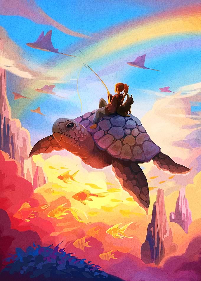 Girl Fishing on Giant Flying Turtle