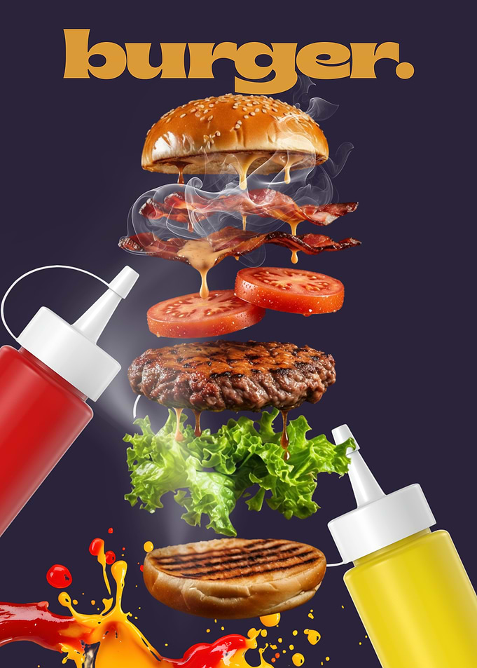 Floating Deconstructed Burger Advertisement