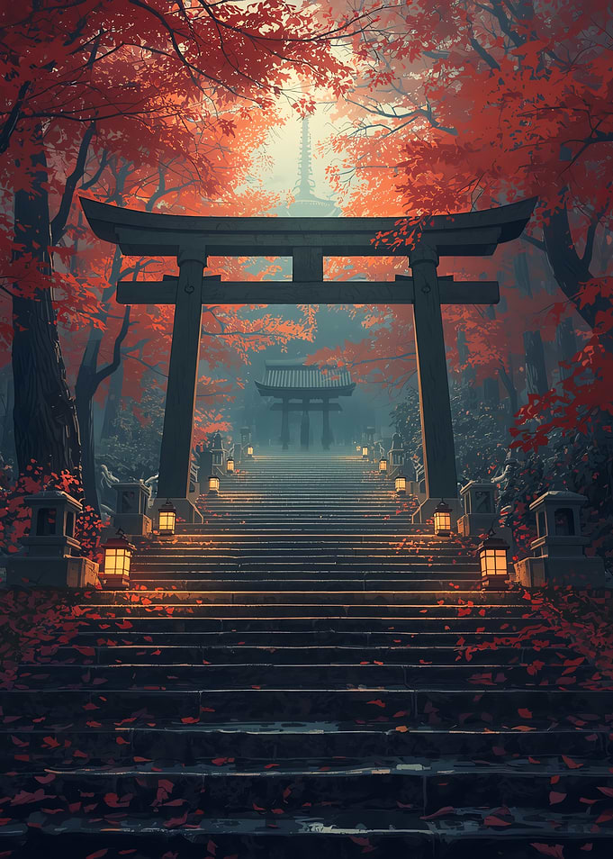 Torii Gate at Autumn Temple Stairs