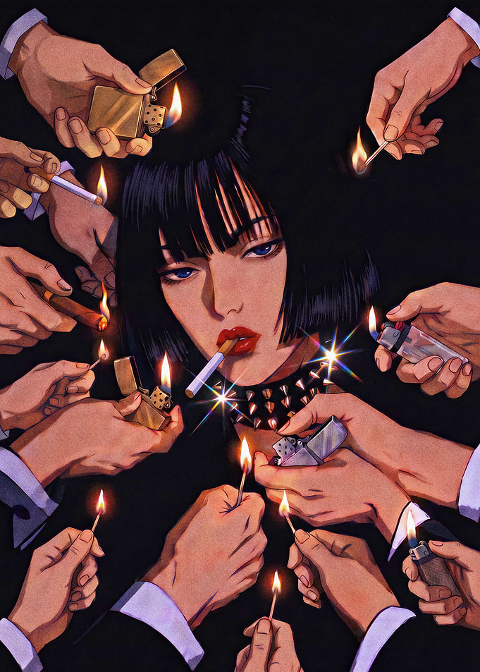 Woman Surrounded by Many Lighters