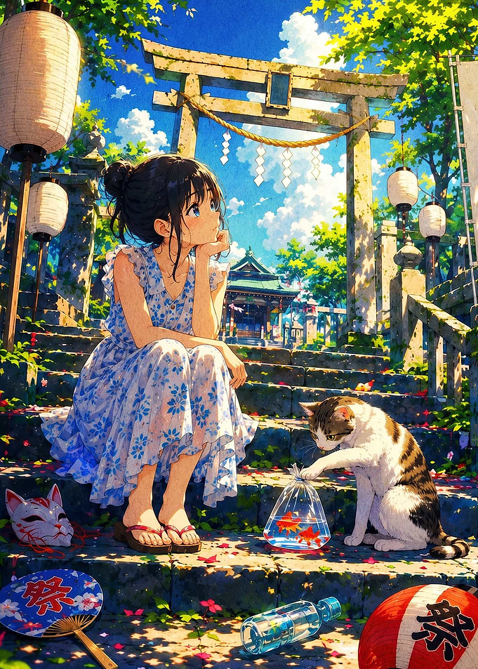 Anime Girl and Cat at Shrine