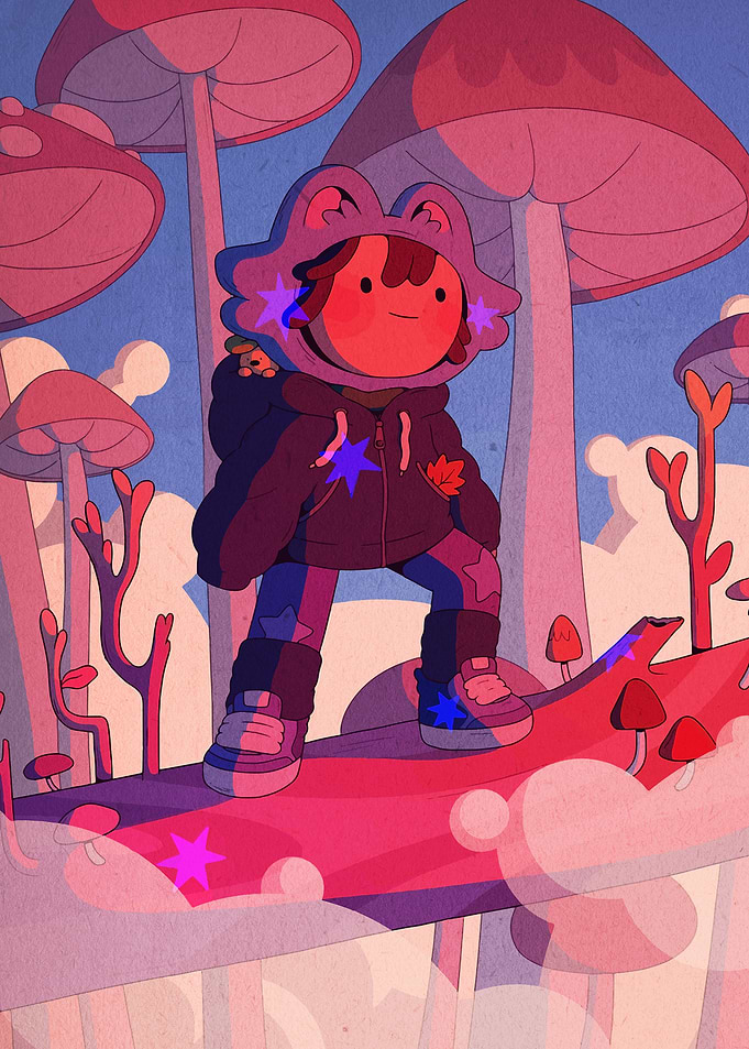 Character in a Whimsical Mushroom Forest