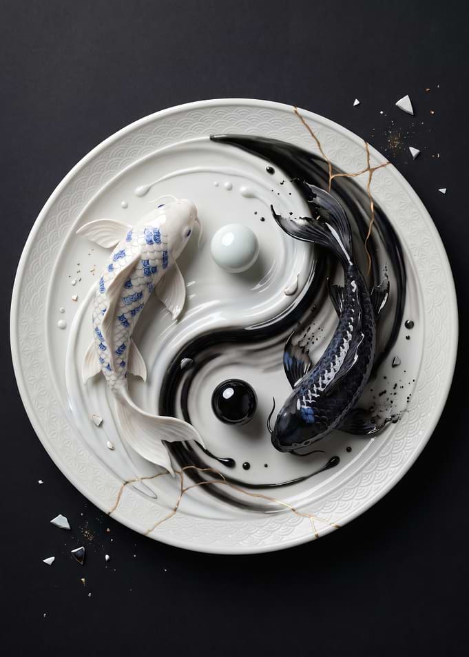 Yin Yang Koi Fish Porcelain Plate