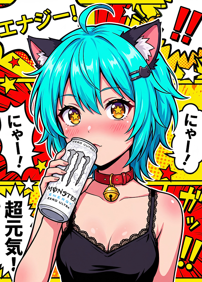 Anime Cat Girl Drinking Monster Energy