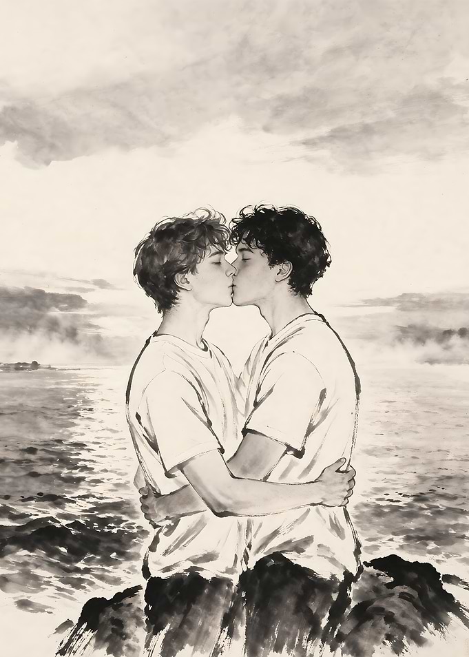 Romantic Couple Kissing by the Sea