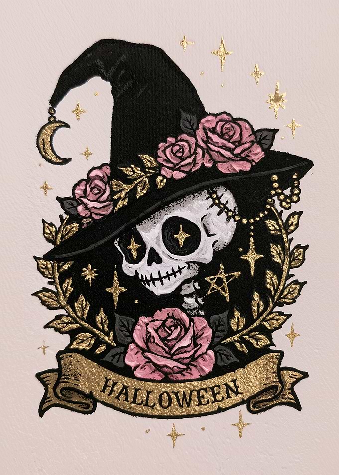 Halloween Witch Skull with Pink Roses
