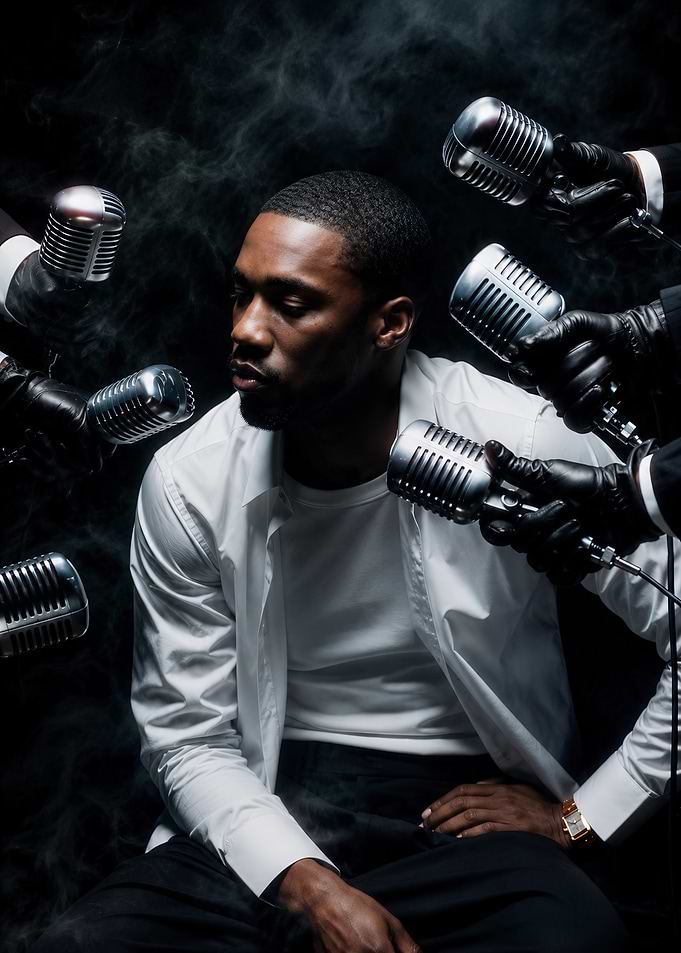 Man Surrounded by Vintage Microphones
