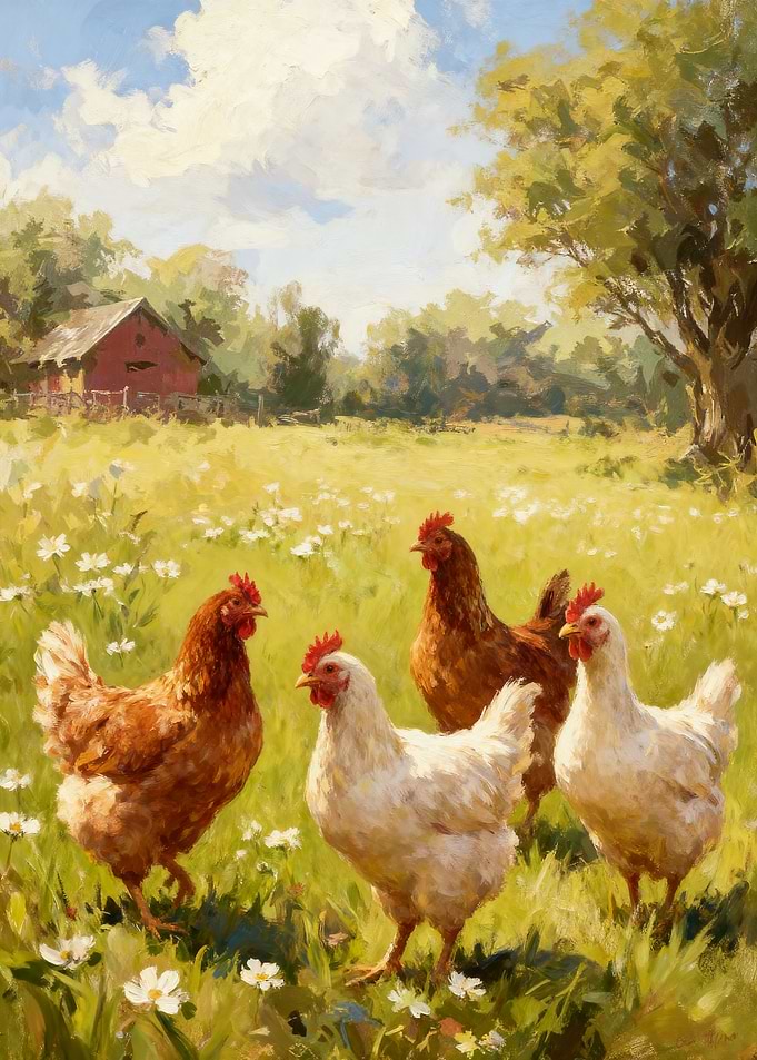 Four Chickens in a Sunny Meadow