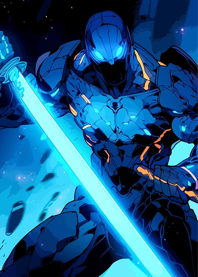 Cybernetic Warrior with Glowing Blue Sword