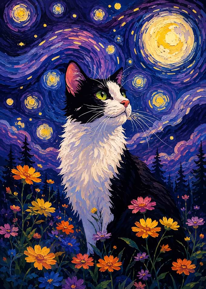 Cat in Starry Night Field
