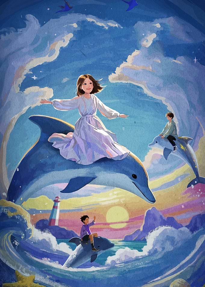 Dreamy Fantasy Illustration of Dolphin Riders