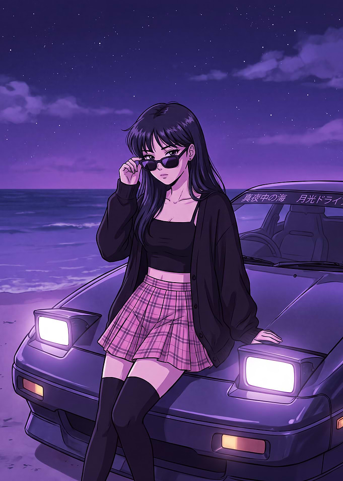 Anime Girl Sitting on Sports Car