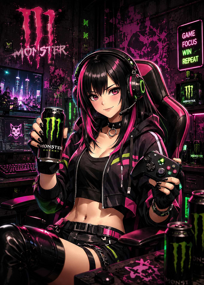 Anime Gamer Girl with Monster Energy
