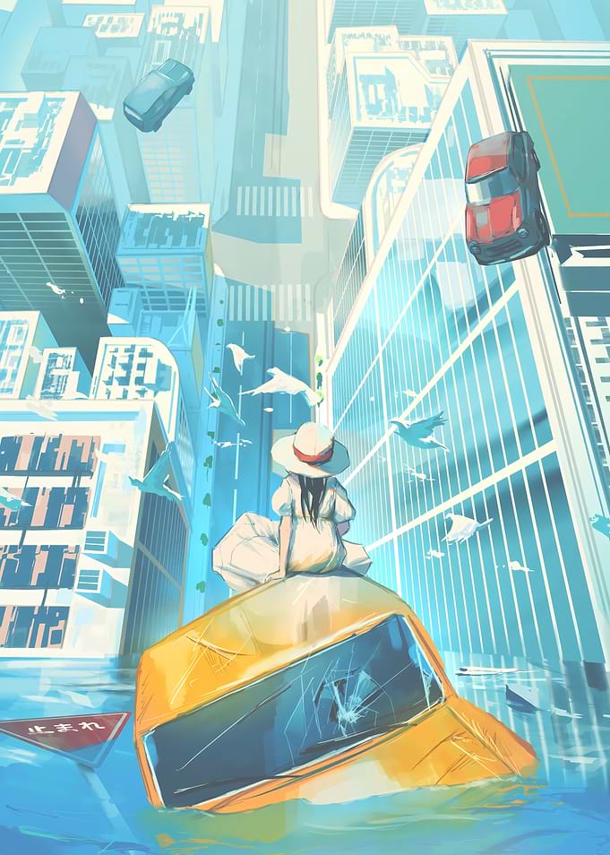 Girl Sitting on Flooded City Car