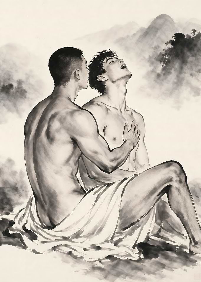 Intimate Ink Wash Painting of Men
