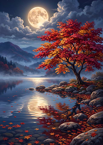 Autumn Maple Tree Under Full Moon