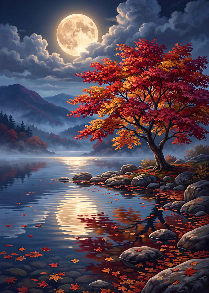 Autumn Maple Tree Under Full Moon