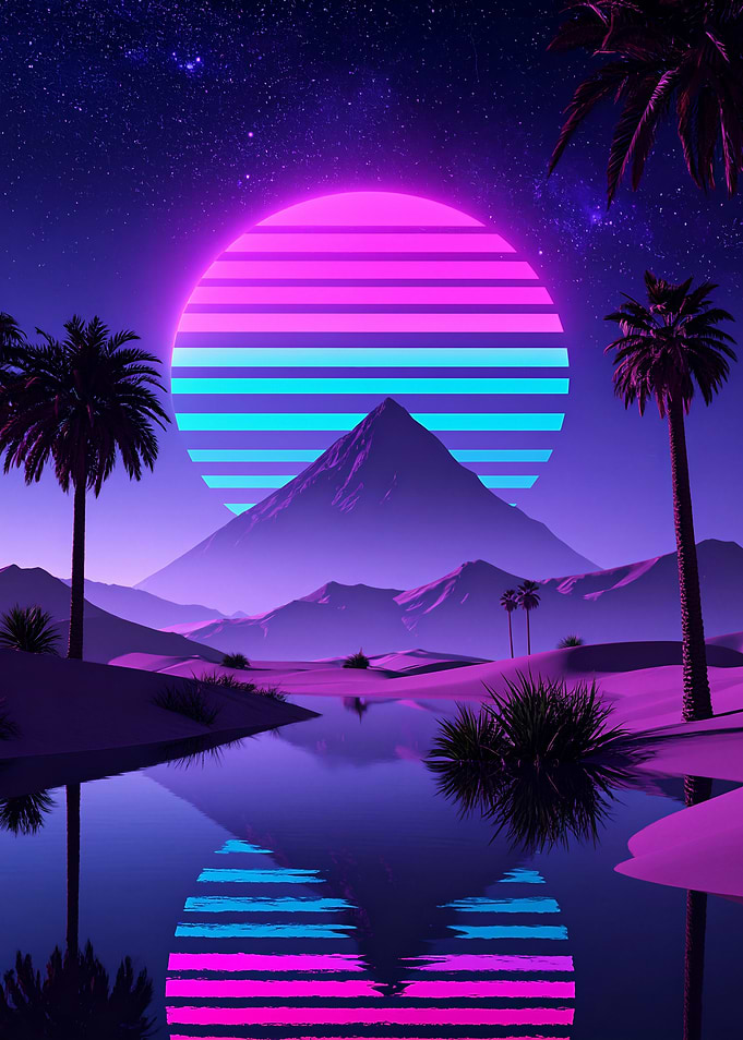 Synthwave Sunset Over Desert Oasis