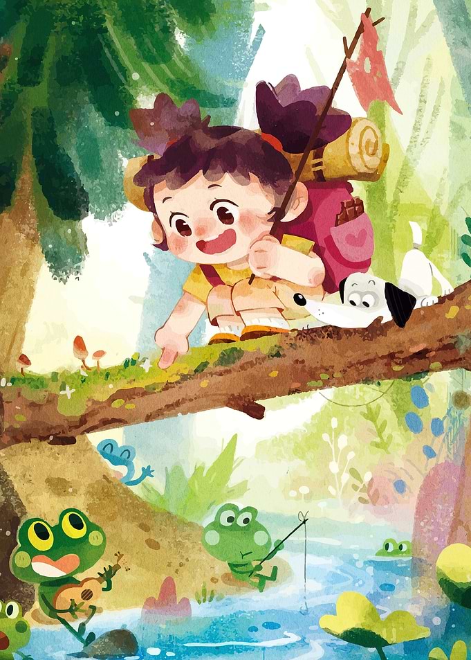 Girl and Dog Exploring Forest Stream