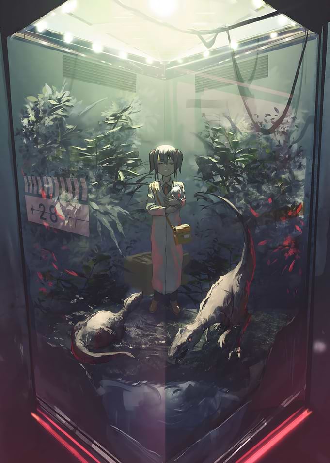 Anime Girl with Dinosaurs in Terrarium