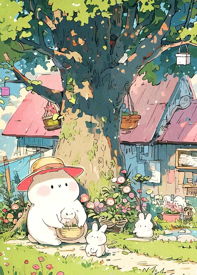 Cute Bunnies Gardening Under Tree