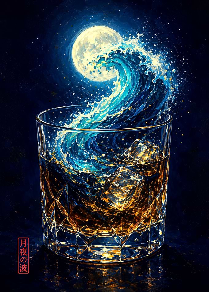 Drink Glass with Moonlit Wave