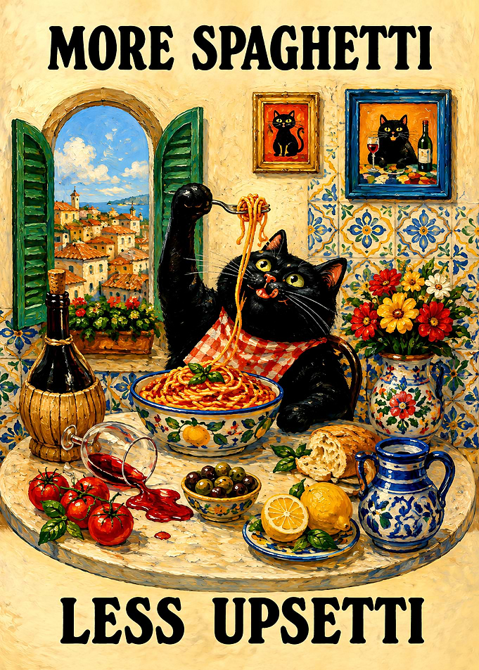More Spaghetti Less Upsetti Cat Poster