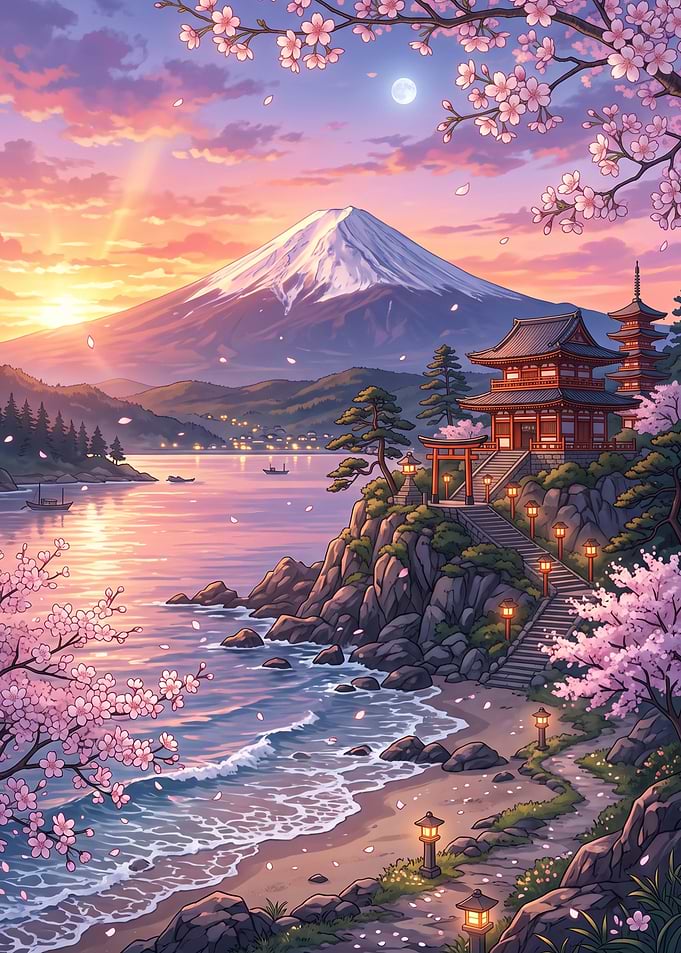 Mount Fuji Sunset with Cherry Blossoms