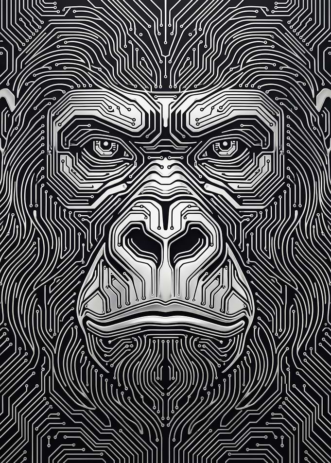 Silver electronic circuit board pattern gorilla face